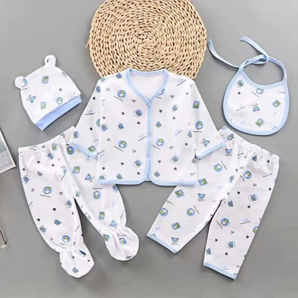 5 unids/set beb&eacute; Unisex ropa de personaje de dibujos animados de impresi&oacute;n de algod&oacute;n transpirable suave de los ni&ntilde;os Tops sombrero pantalones babero traje de ropa para reci&eacute;n nacido-2