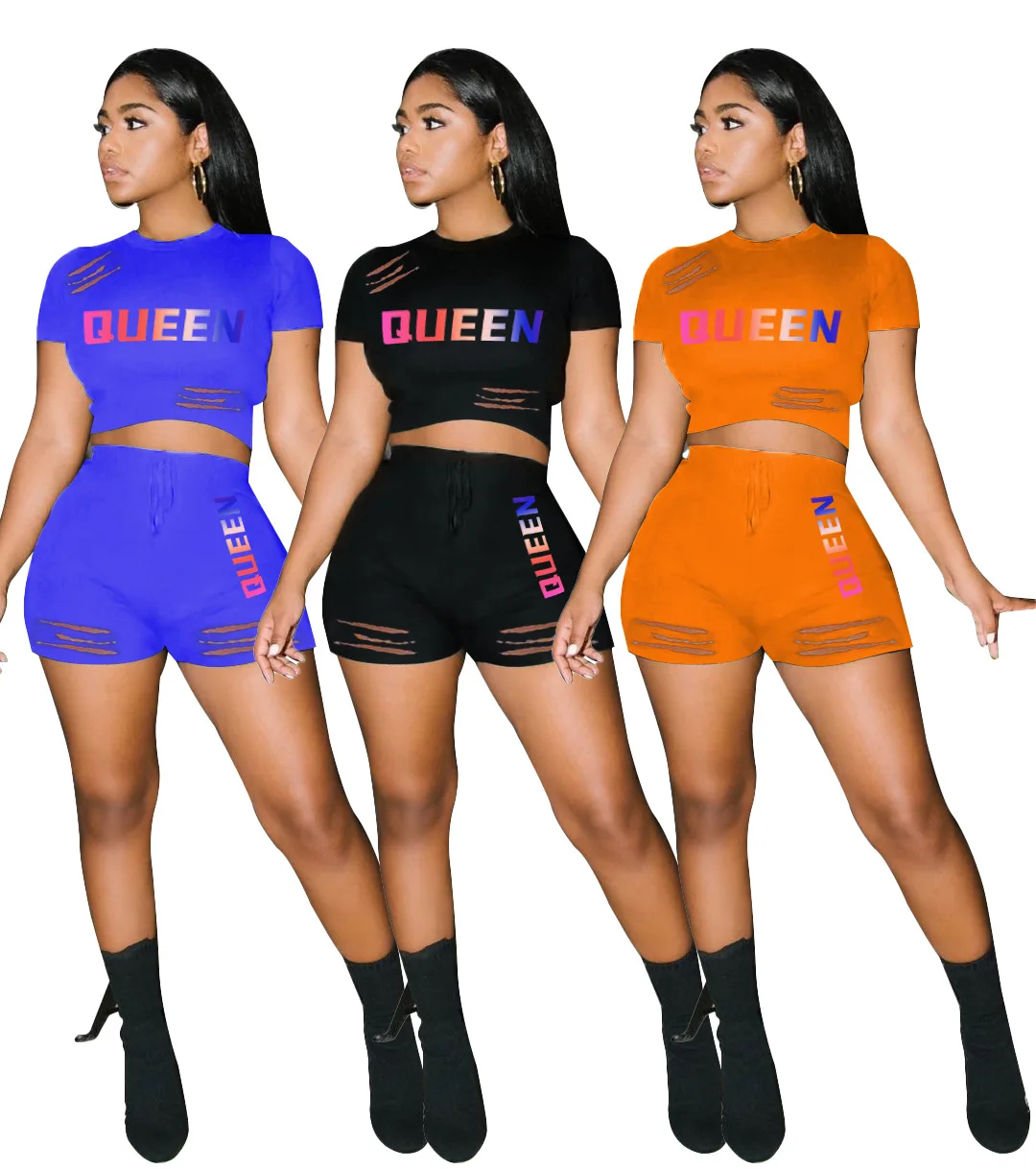 

HAOOHU Cross-Border Foreign Trade Women's Summer New Style Fashion Casual Solid Color Letter Printing Sexy Two-Piece Suit