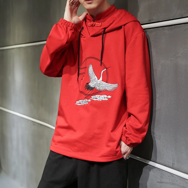 

MrGB Chinese Style Button Crane Embroidery Men Hoodie Autumn Oversize Vintage Male Hooded Sweatshirt 2023 New Men Pullovers