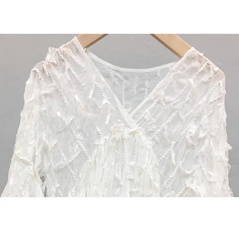 XITAO Goddess Style V Neck High Waist Black Dresses Tassel Chiffon Dress Women White Five-point Sleeve Fashion Wild New XJ3973 | Женская