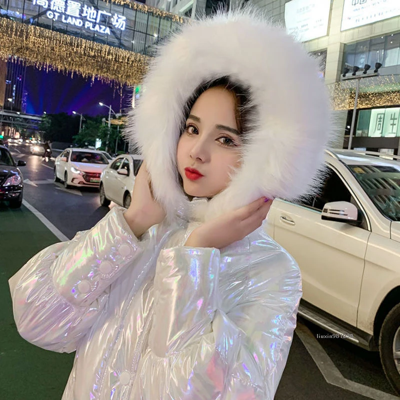 Winter Women Coats Fur Collar Windproof Bright Diamond Long Thick Warm Zipper Parkas 2021 Jacket Hooded Streetwear MY295 | Женская