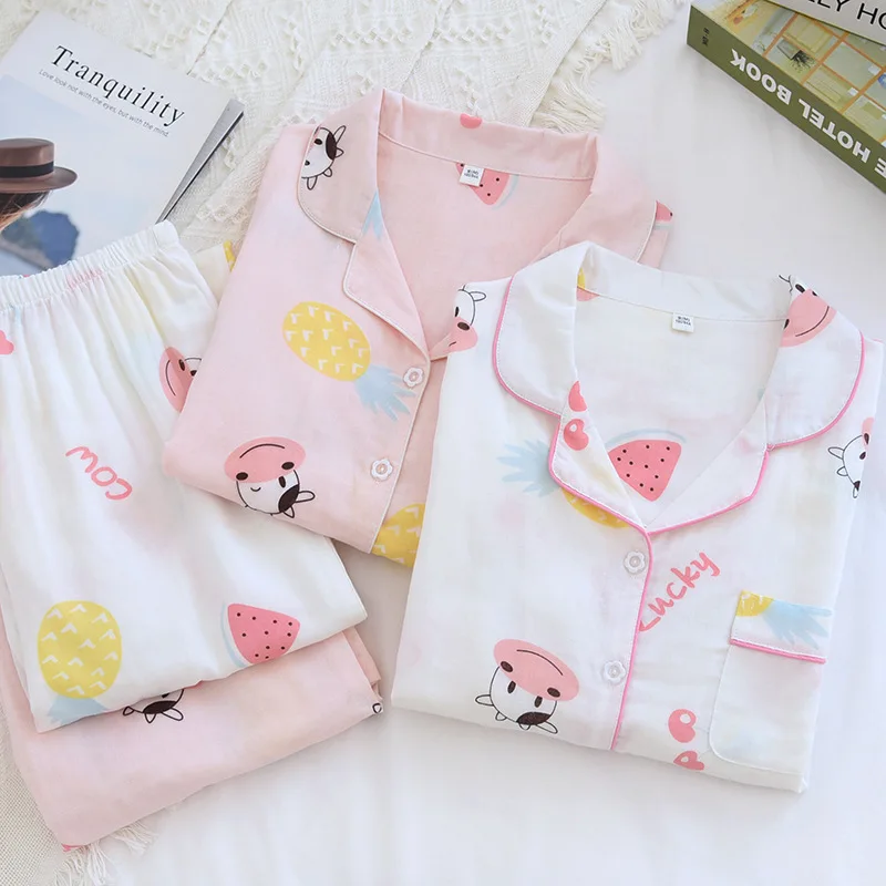 Japanese Spring and Summer Women's Pajamas Cotton Tulle Soft Pajamas Set Comfortable Long Sleeve Cardigan Women's Home Wear
