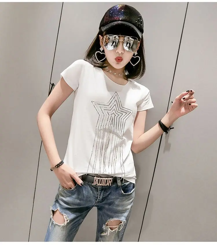 White tshirt Однотонная футболка с блестками и бриллиантами, круглый вырез, новинка, летний офисный женский хлопковый топ, рубашка, Camiseta Mujer, черный, белый цвет, T95107L - Цвет: White tshirt