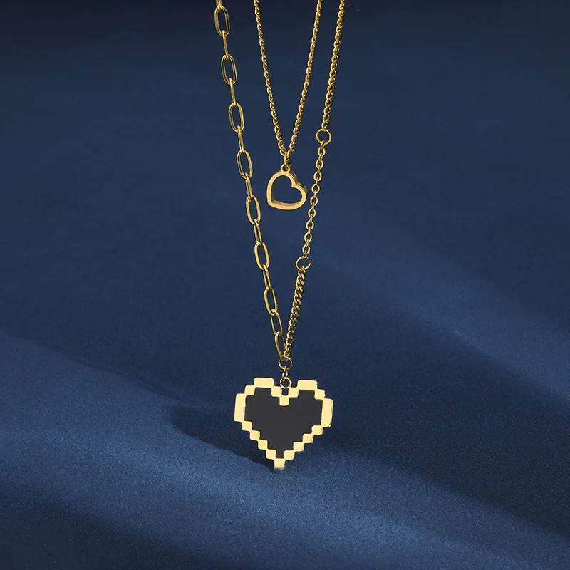 

Layered Heart Choker Necklaces For Women Double Stainless Steel Gold Pendant Necklace Adjustable Paperclip Chain Jewelry Gifts