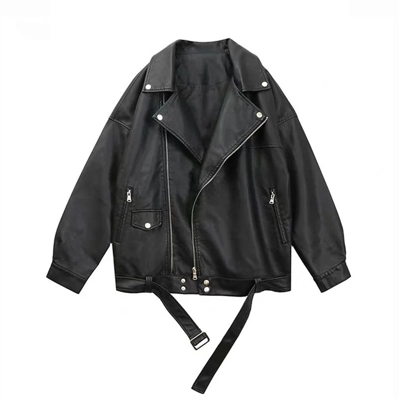 

Sungtin Women Loose Pu Leather Jacket Black Soft Faux Leather Jacket Street Moto Biker Leather Coat Jacket Lady Casual Outerwear
