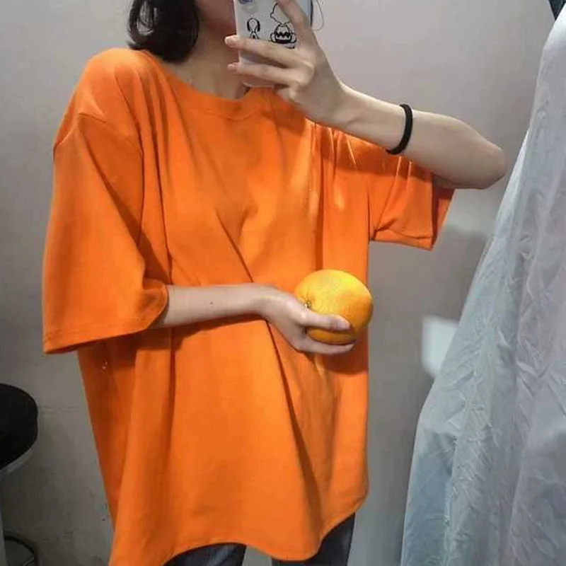 Однотонная женская футболка из 100% хлопка летняя с коротким рукавом и круглым