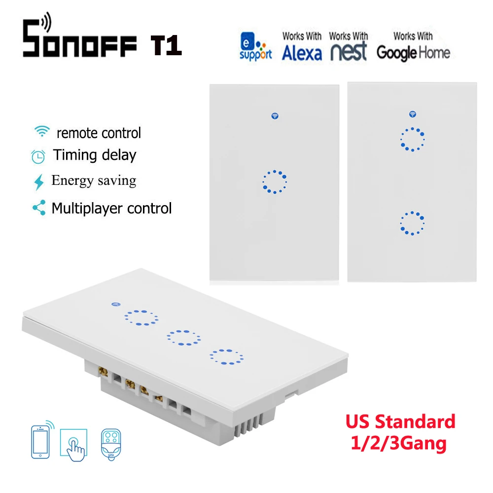 Itead Sonoff T1 умный дом настенный выключатель света Панель 1/2/3 штепсельная вилка американского стандарта 315 МГц RF пульт дистанционного управления/сенсорный экран работает с Amazon Alexa Google home IFTTT