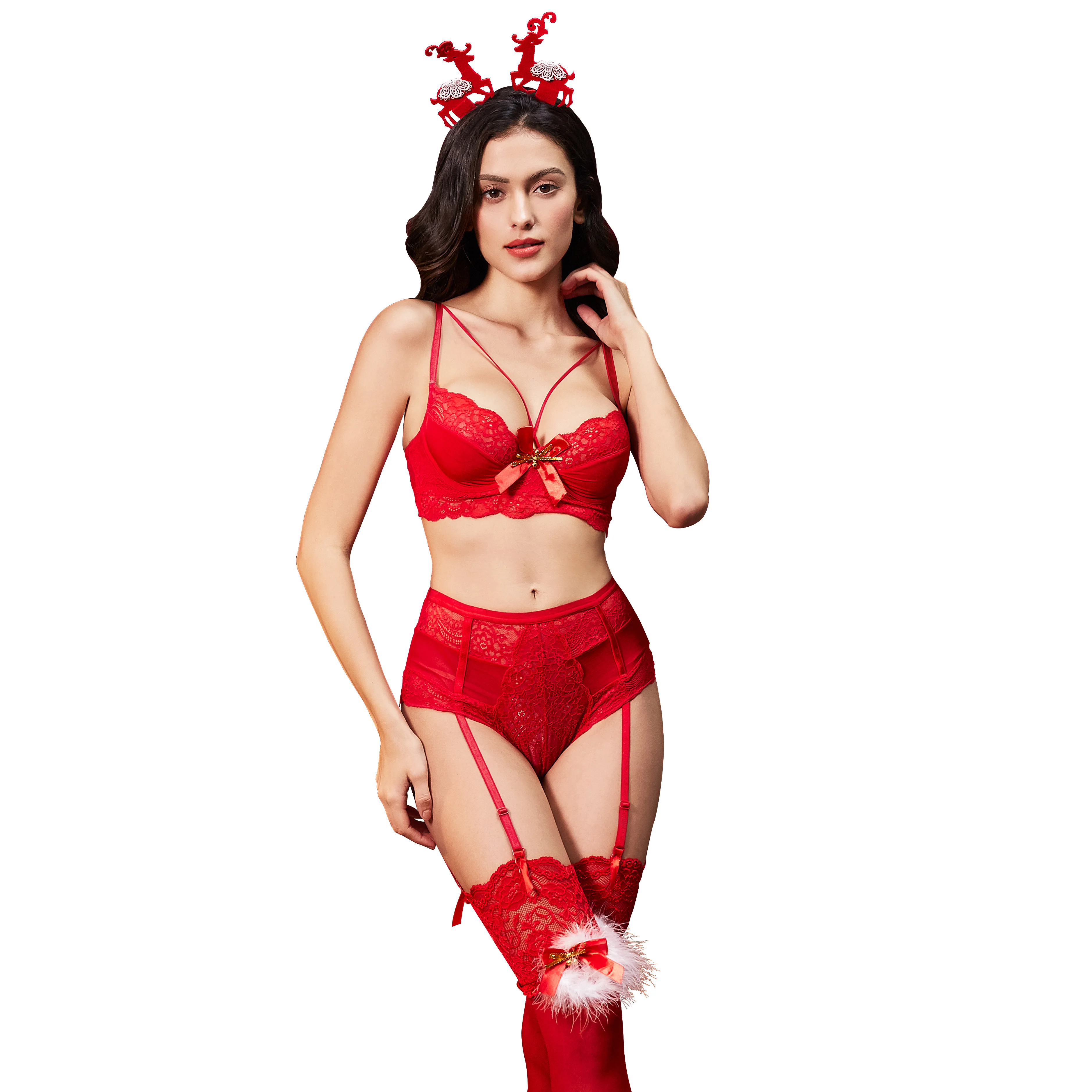 

Women Christmas sexy bra set underwear garter stockings 3 pieces of the birth year red suit red Christmas velvet stocking Elk
