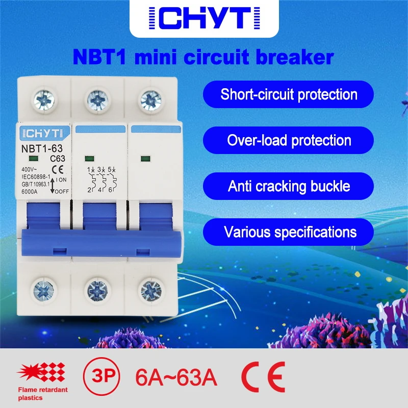 Домашний миниатюрный выключатель C типа AC MCB NBT1-63 3P 6A 10A 16A 20A 25A 32A 40A 50A 63A |