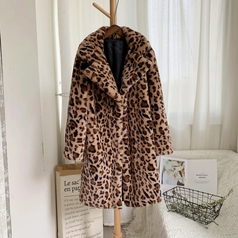 Savabien Leopard Furry Long Fake Fur Coat Long Sleeve Lapel Faux Fur Jacket Vintage Harajuku Runway Outerwear Festival Coats