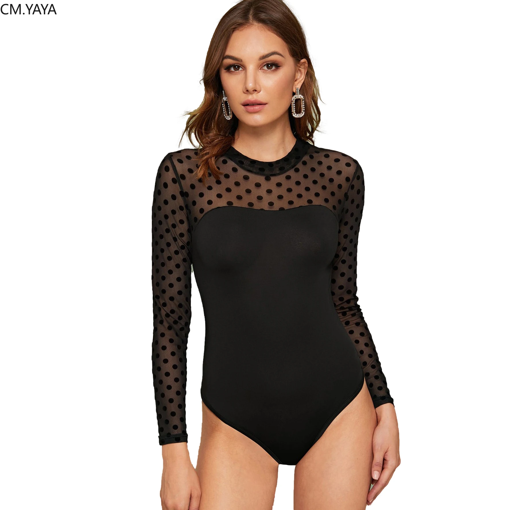 Осень 2019 облегающие сетчатые боди с круглым вырезом черные комбинезоны для