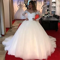 vestido de novia puffy vintage wedding dress ball gown long sleeves appliqued sheer scoop neck tulle wedding gown robe mariage