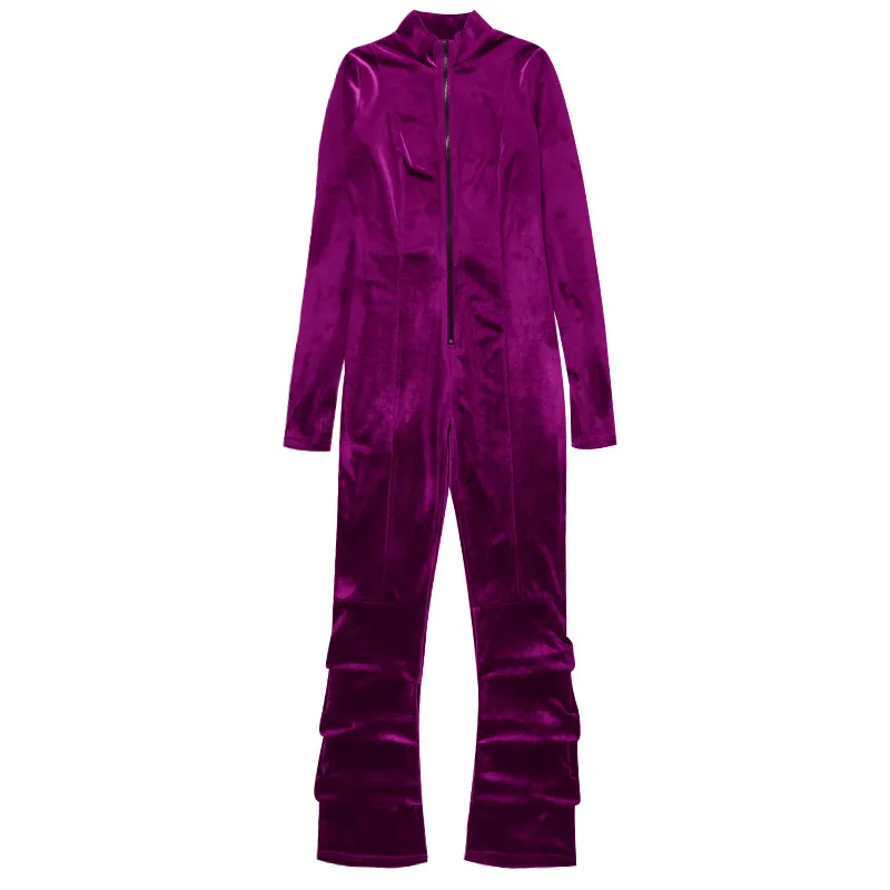 

Women's Fall Romper, Velvet Jumpsuit, Elastic Zipper Collar Casual Pleated Solid Wrapped Trousers