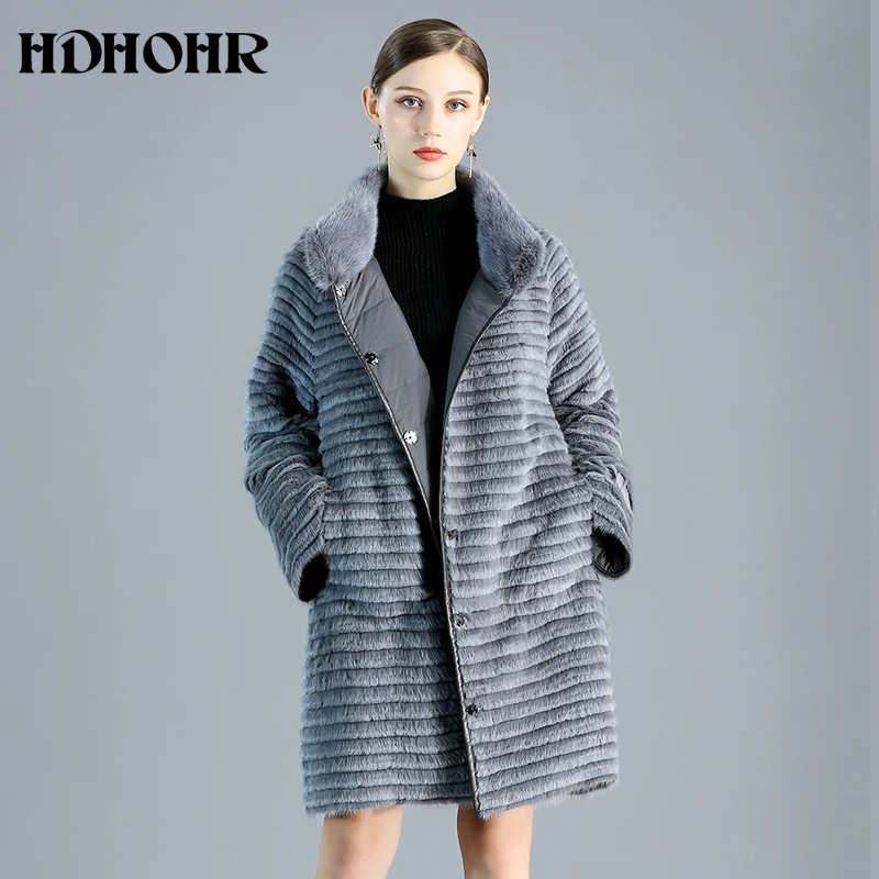 HDHOHR Для женщин из натурального меха норки, пальто с наполнителем из пуха с возможностью носить на обе стороны натурального меха норки куртки зима теплый в полоску длинное меховое пальто