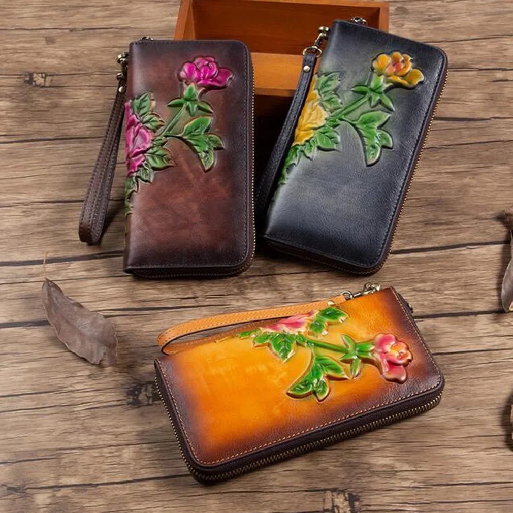 

Wallet Vintage Female Wrist Purse Clutch Bags Multi-Cards Handy Bag Quality Women Genuine Leather Embossed Long Zipper Wallet