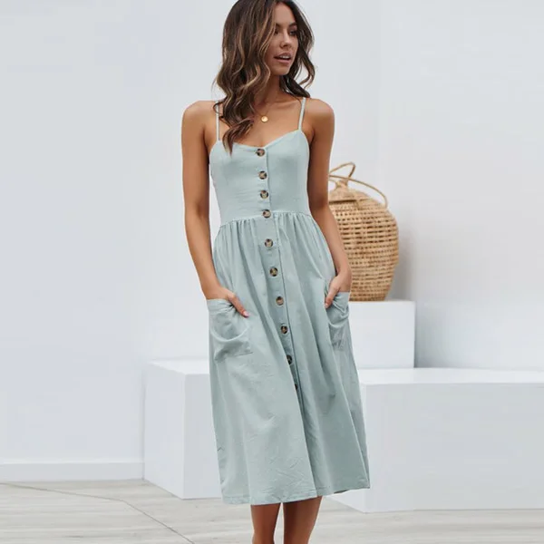 TS8018-blue Женское летнее платье, повседневный винтажный сарафан, сексуальное платье миди с пуговицами, с открытой спиной, в горошек, в полоску, с цветочным рисунком, Boho, пляжное платье для женщин - Цвет: TS8018-blue