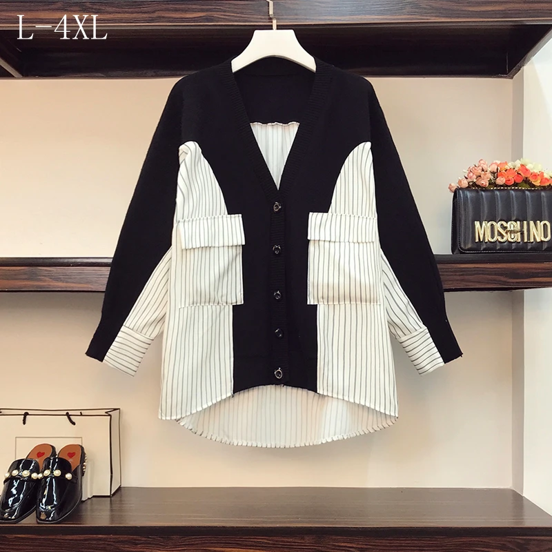 

Plus Size Women Spring Autumn Stripped Patchwork V-neck Sweater Coat Woman Casual Femme Sweater Ladies New Arrival Sweater 2021