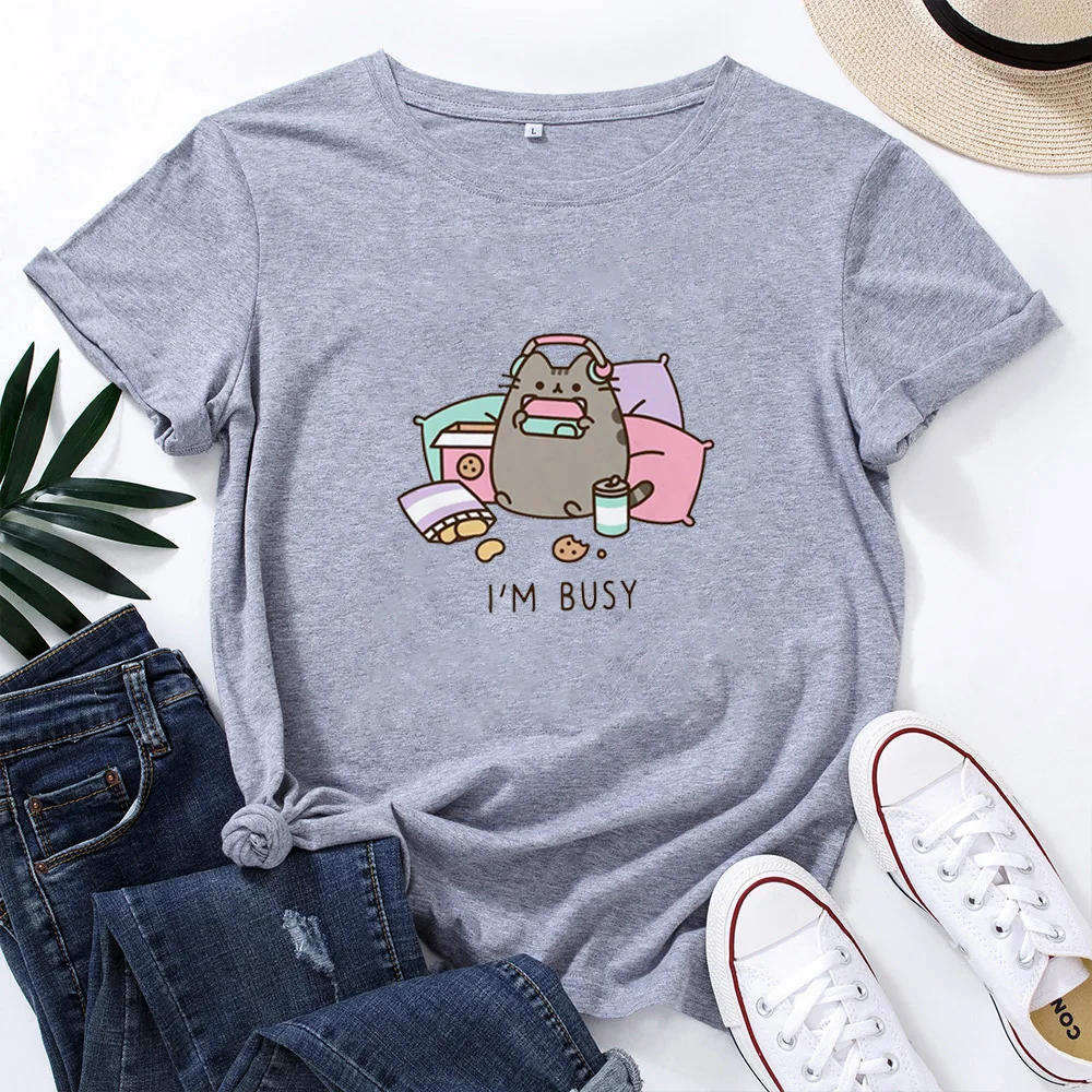 

I'M BUSY Cartoon Pictures T Shirt Woman Fashion Casual Sleeve T-Shirt Women Round Neck Cotton Women Tshirts Harajuku Clothes