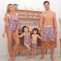 2021 new summer ruffle sleeve swimsuit family look leopard full print pink set family matching swimwear for mum daughter dad son