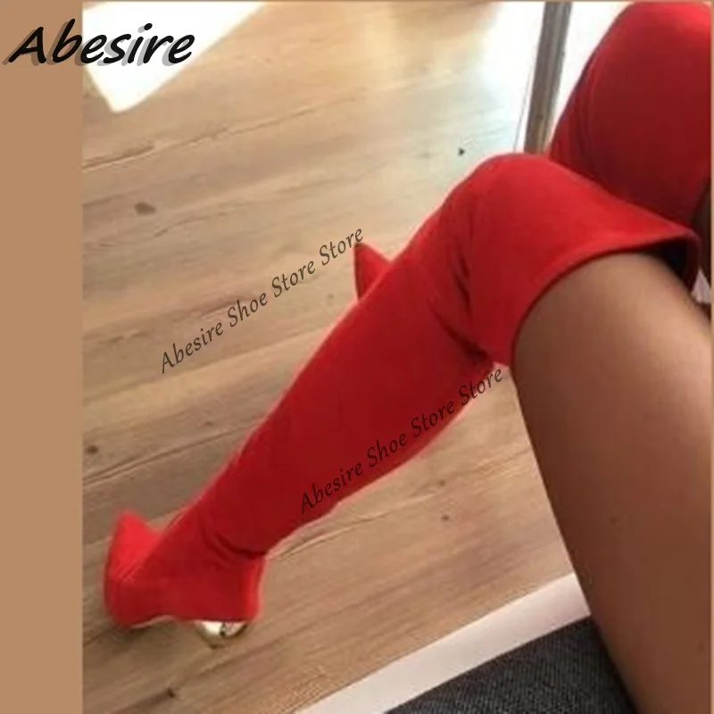 

Abesire Red Long Boots Suede Thigh High Pointed Toe High Heel Over The Knee Solid New Autumn Winter Big Large Size Sexy Shoes