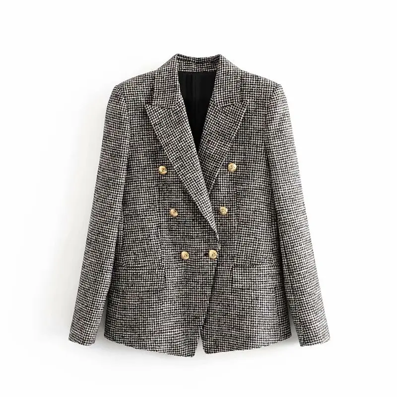 England women blazer elegant office lady Houndstooth Za blazer women outwear long sleeve double breasted female jacket blazer - Цвет: black