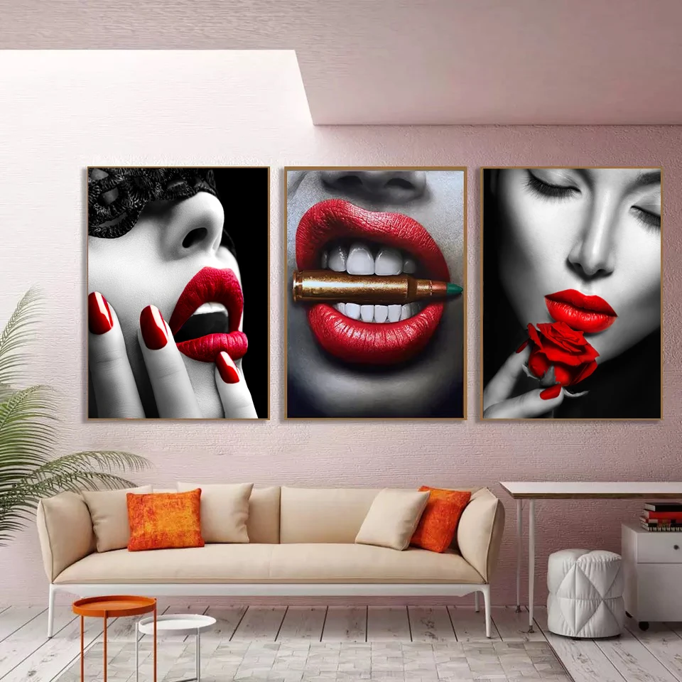 Современная мода сексуальная женщина красные губы курительная Картина Маслом