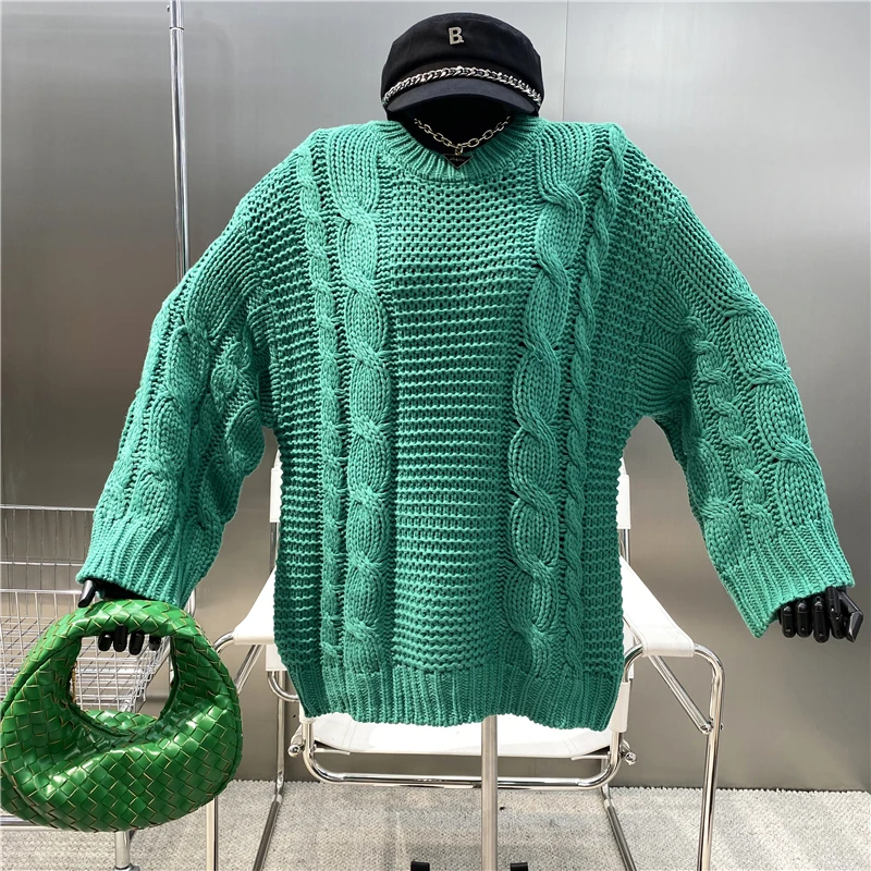 

Новый брендовый нишевый дизайн, корейский Свободный свитер с круглым вырезом и узором из конопли, разноцветный Универсальный свитер средне...