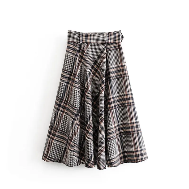 Женские миди юбки 2019 Новая мода плед Печатный пояс Высокая талия элегантные