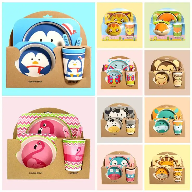 5 предметов/набор Детская посуда для кормления детей с картонными блюдами натуральное бамбуковое волокно столовые приборы с чашкой, вилкой, чашкой, ложкой и тарелкой.