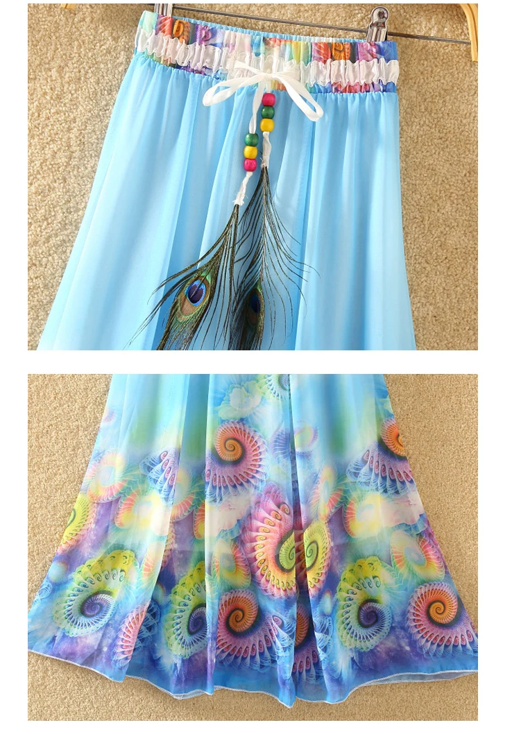 

Summer Bohemian Mid-length Skirt Female Chiffon Skirt Was Thin Retro Printed Elastic Waist Big Swing Female Over-knee Skirt L304