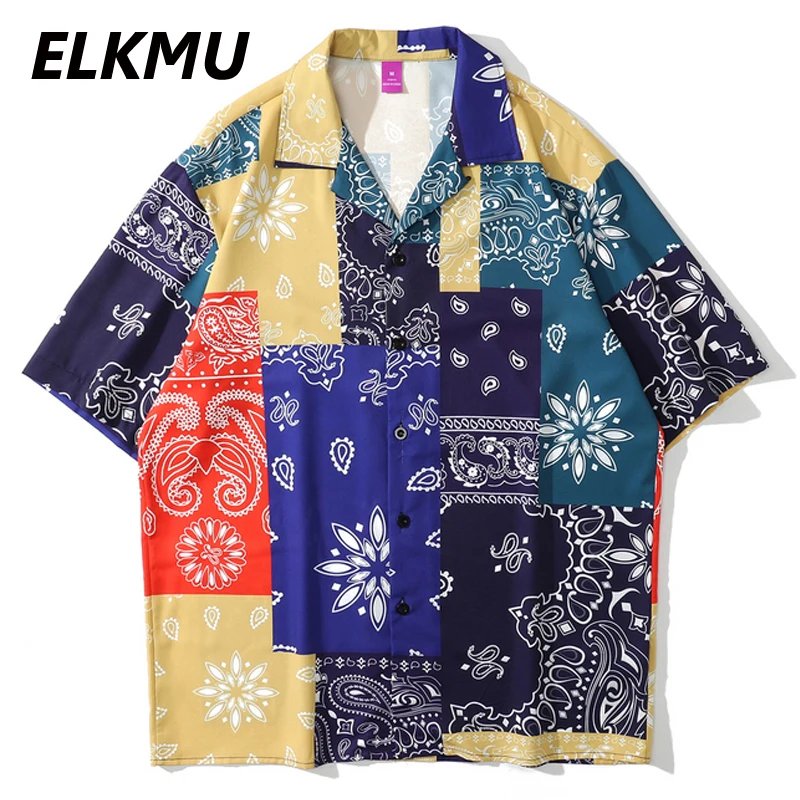 

Бандана ELKMU с рисунком Пейсли, Гавайские рубашки с цветными блоками, пляжные праздничные повседневные рубашки с коротким рукавом, женские т...