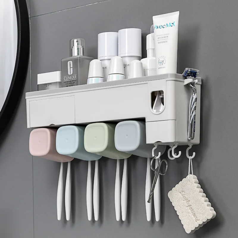 

2/3/4 Cups Toothbrush Holder Automatic Toothpaste Dispenser Set Wall Mounted Drainage Home Bathroom Cosmetics Storage Organizer
