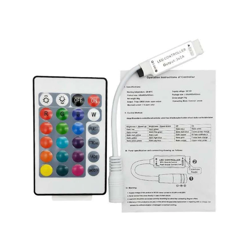 

DC12-24V 6A IR Mini 24-Key RGB LED Strip Controller