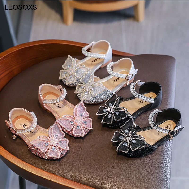 

2021 Summer New Fashion Bow Diamond Soft Bottom Girls Sandals Princess Shoes Elegant Party Dance Shoes