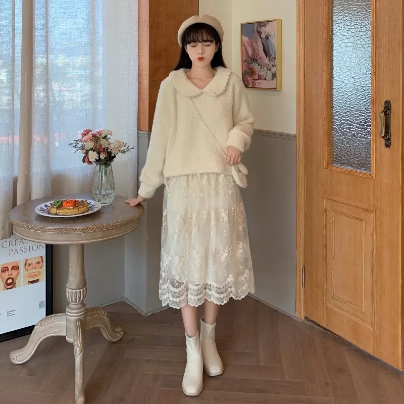 

Fashion Suit Female 2020 Autumn and Winter New Style Sweet Pearl Long Sleeves + Mesh Lace Stitching Dungaree Dress Two-Piece Set