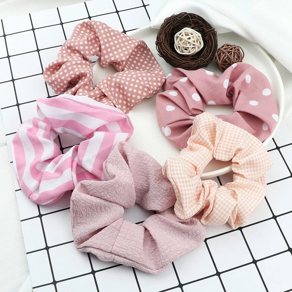 

5Pcs/Set Lovely Pink Hair Ribbon Pink And White Stripes Headband Women Chiffon Orange Scrunchies Girl Ponytail Holder Hair Ties