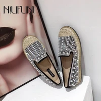 spring autumn bling rattan grass woven pearl beaded women shoes flat slip on fisherman shoes rhinestone loafer sequins round toe