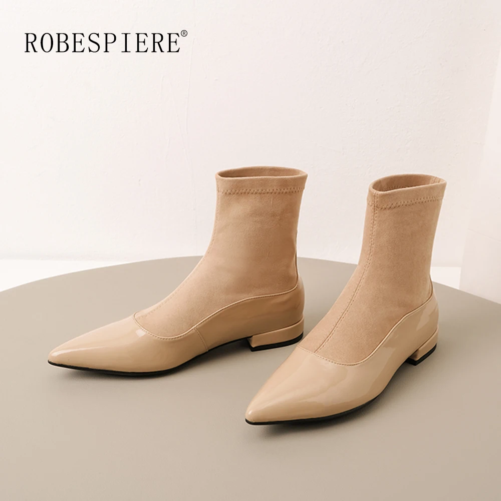 Goedkoop ROBESPIERE 2019 Winter Laarzen Voor Vrouwen Sexy Puntschoen Lakschoenen Meisjes Slip Op Lage Hak Warm Pluche Enkel Laarzen B119