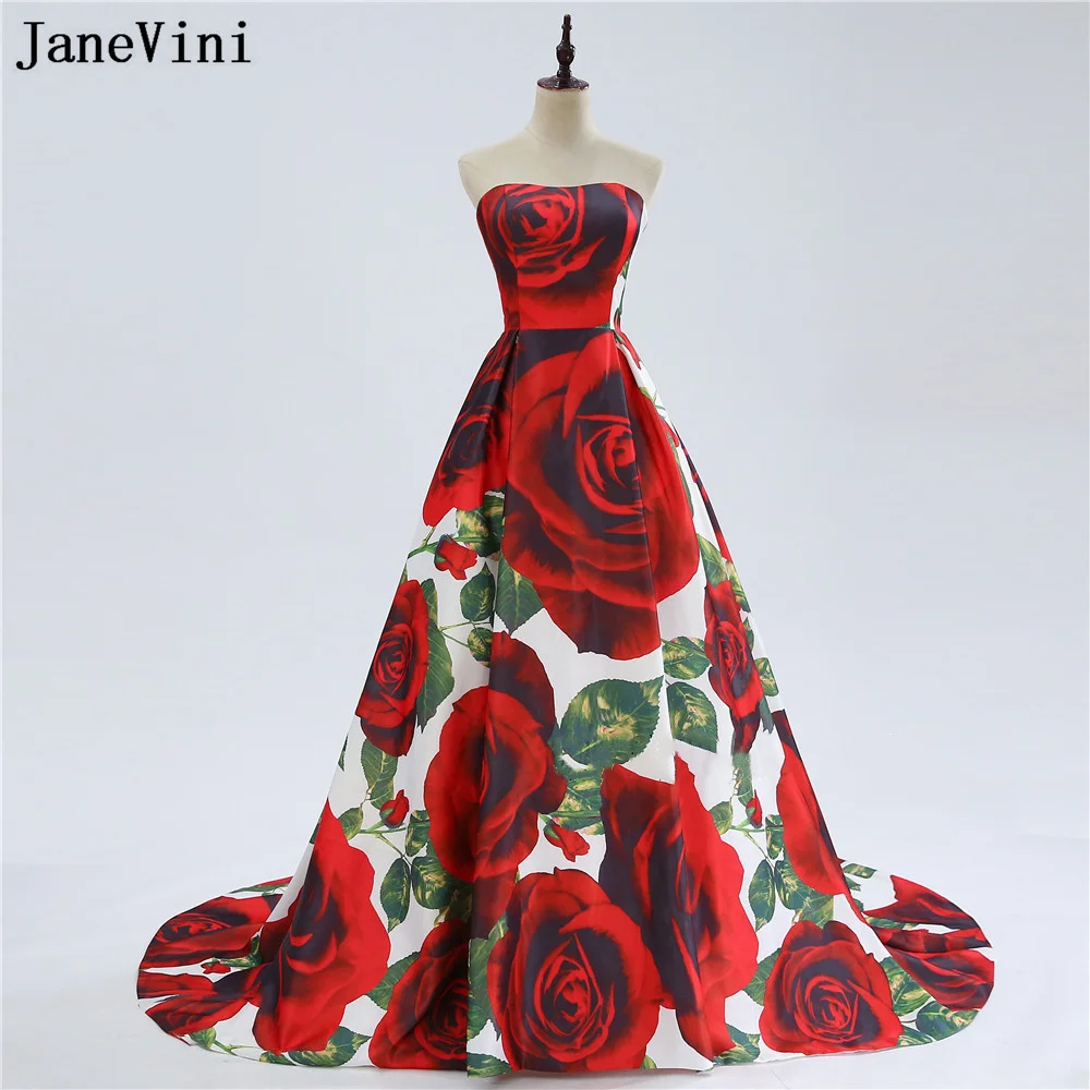 

JaneVini Red Rose Floral Printed Prom Dresses Vestido Rojo Flowers Pattern Strapless Satin Women Evening Dress Long Party Gown