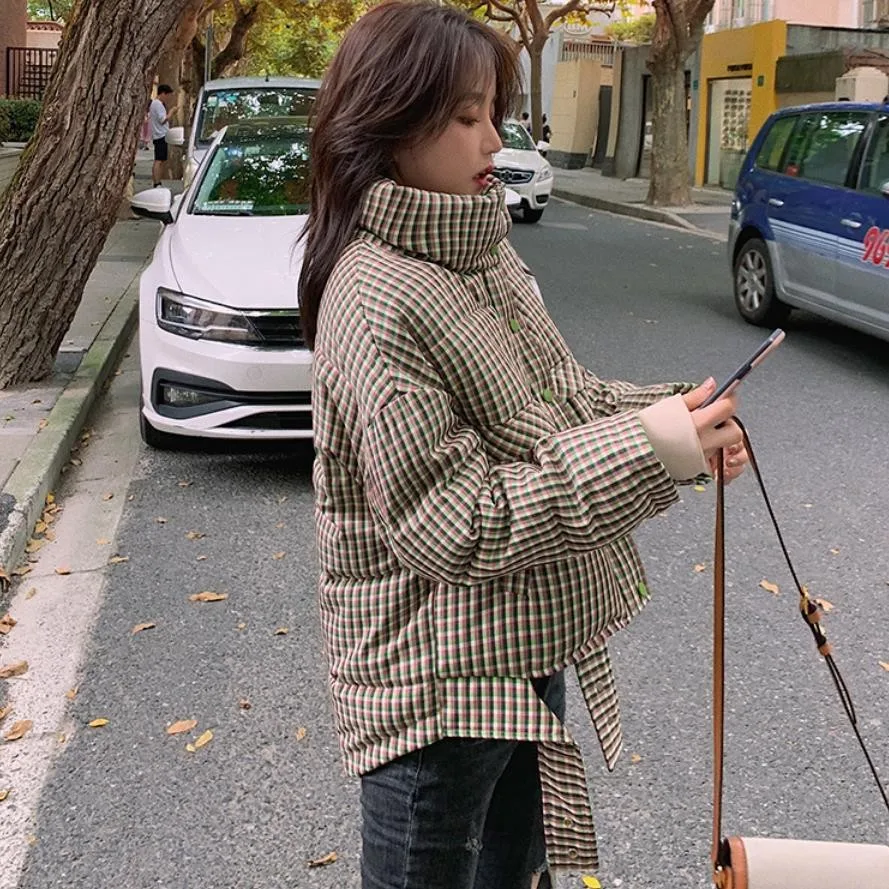 

2021 Womens Winter Down Jackets And Coats Cotton Padded Clothes Short Plaid Parka Women Zipper Casual Clothes Red Black Green