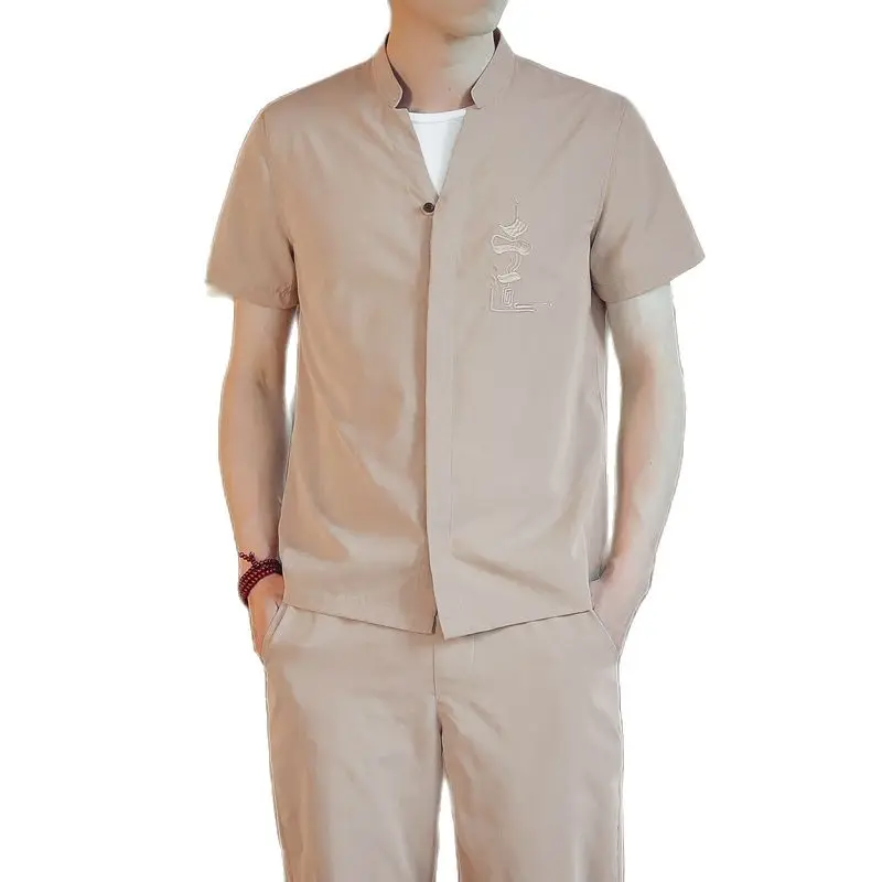

Chinese Style Black 2-Piece Set Men Summer Short Shirt And Ankle Length Pants Gray Khaki Retro Man Tops Pants