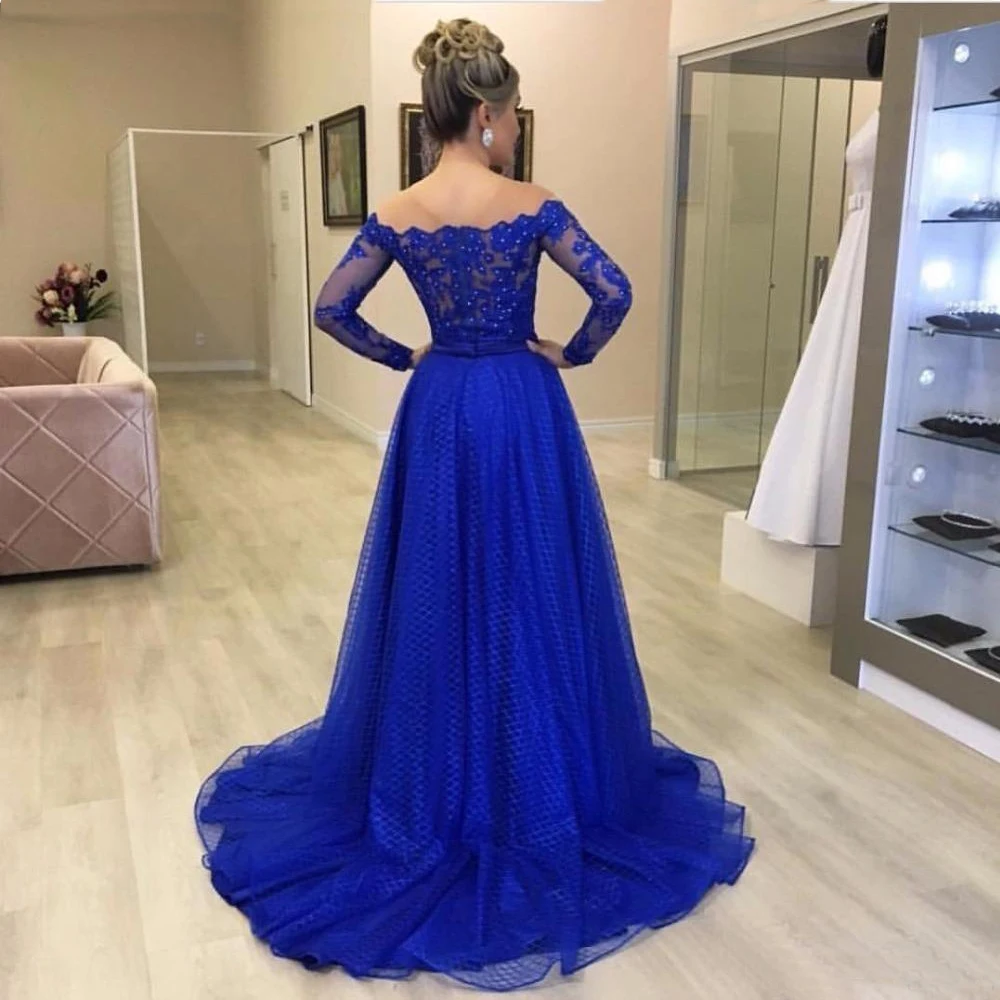 

Royal Blue Lace Mother of the Bride Dress Long Sleeve Off Shoulder Crystals Evening Prom Wedding Party Gowns Formal Occasion