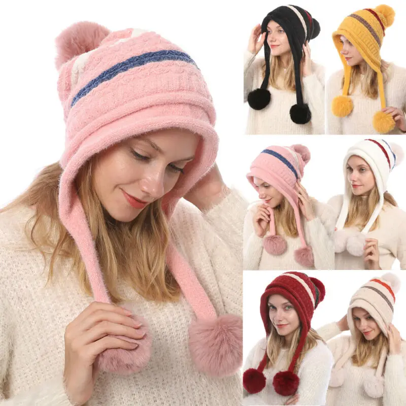 Женская зимняя шапка лыжная теплая вязаная с помпоном шерстяная эластичная