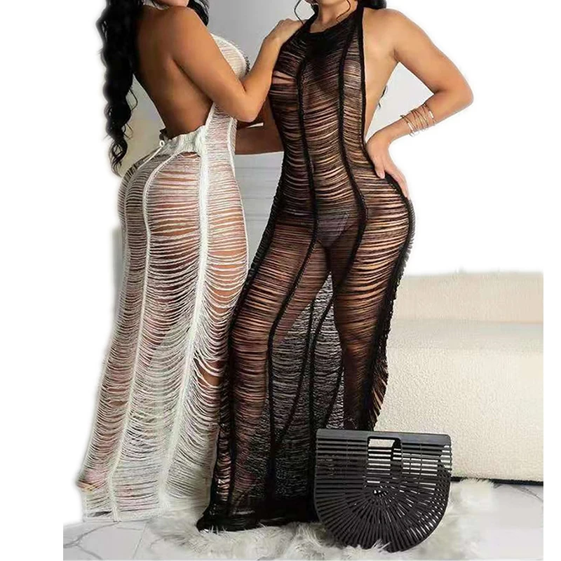 Женское однотонное пляжное платье 2021 с глубоким круглым вырезом одежда для