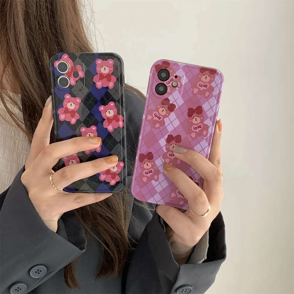 

Cute plaid bear cartoon case for iphone 13 Pro Max cover 11 12 Pro Max 7 8 plus 13 13 Pro XR X XS MAX cover funda coque back