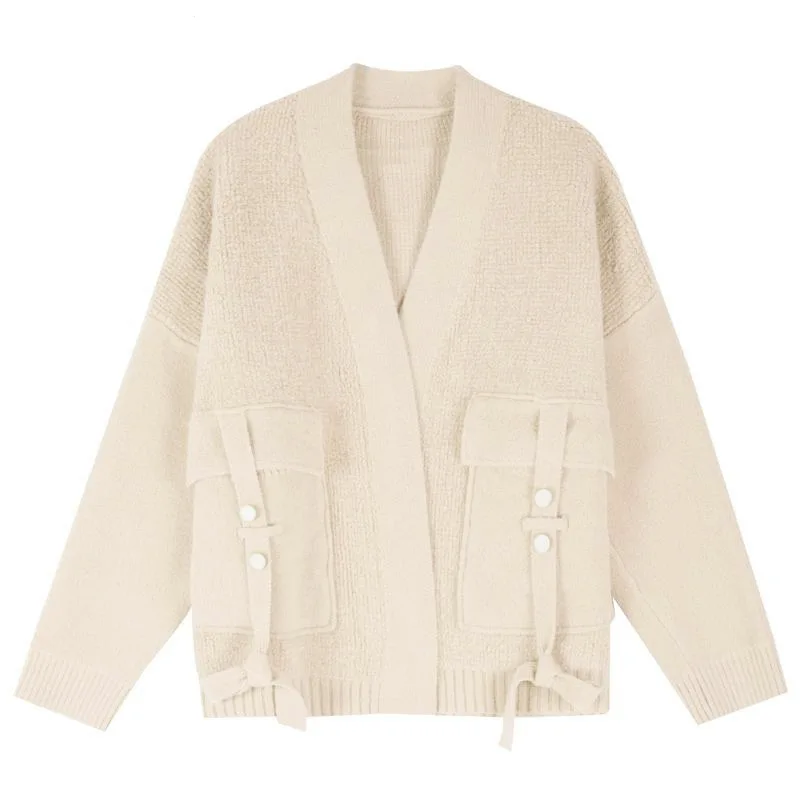 

Vintage V-Neck Oversize Knitted Sweater Fashion Slim Pocket Warm Korean Cardigan Sweater Lady Casual Loose Chic Top