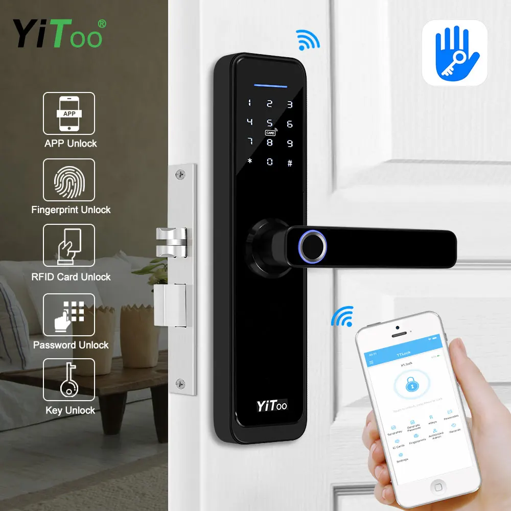 

YiToo X2 Wifi Smart Electronic Door Lock With TTlock APP Remotely / Biometric Fingerprint / Rfid Card / Password / Key Unlock