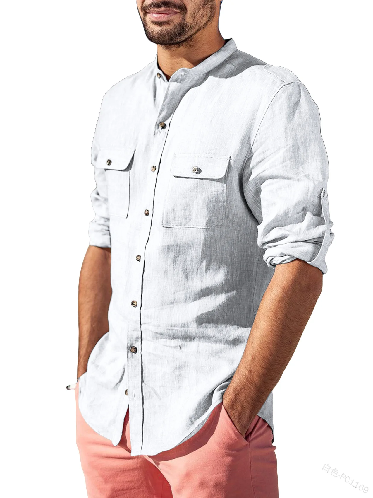 

Men Shirt Top Polo Collar Solid Color Summer New Men's Shirt Coat Loose Casual Single-Breasted Cardigan