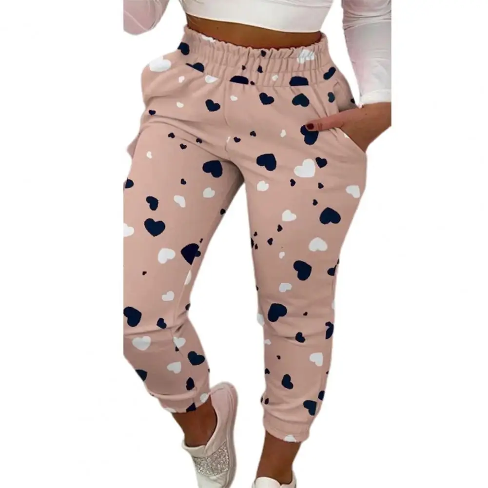

2021 Casual Women's Trousers Heart Print High Waist Women Pants Soft Tie Dye Elastic Waist Pencil Trousers Streetwear Pink 2XL