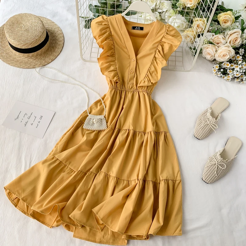 

Women High Waist V-neck Ruffled Sleeveless 2019 A-line Dress Summer New Fashion Ruffle Solid Color Vestidos J172